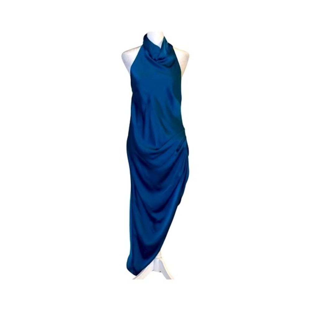 NWT EDIT BY NINE Satin Halter Mock Neck Assymetrical Dress With Side Ruching